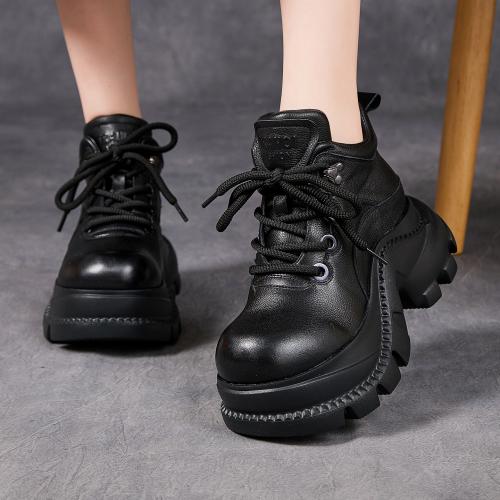 56712-1嫔妃丽人头层牛皮真皮冬季厚底小个子休闲英伦风短靴增高舒适大头女靴（遥遥底靴）