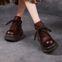 56712-1嫔妃丽人头层牛皮真皮冬季厚底小个子休闲英伦风短靴增高舒适大头女靴（遥遥底靴）