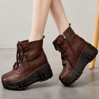 7673嫔妃丽人厚底复古马丁靴真皮女鞋松糕底圆头中老年防水台民族风粗绳短靴