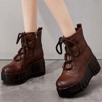 7673嫔妃丽人厚底复古马丁靴真皮女鞋松糕底圆头中老年防水台民族风粗绳短靴