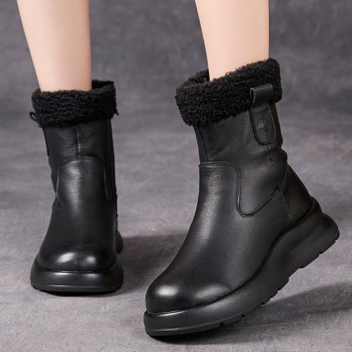 5712嫔妃丽人头层牛皮时尚橡胶底简约厚底民族风小个子加绒保暖轻便休闲短靴（灯笼靴）