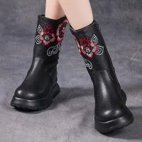 6199嫔妃丽人头层牛皮时尚简约刺绣花朵真皮中筒保暖加绒舒适厚底复古女靴（艾莎玫瑰靴）