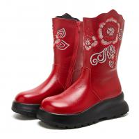 6199嫔妃丽人头层牛皮时尚简约刺绣花朵真皮中筒保暖加绒舒适厚底复古女靴（艾莎玫瑰靴）