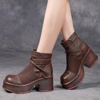 6099-1嫔妃丽人头层牛皮网面增高复古春秋罗马时尚粗跟厚底百搭女凉靴（亚沙凉鞋）