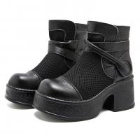 6099-1嫔妃丽人头层牛皮网面增高复古春秋罗马时尚粗跟厚底百搭女凉靴（亚沙凉鞋）