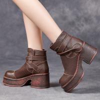 6099-1嫔妃丽人头层牛皮网面增高复古春秋罗马时尚粗跟厚底百搭女凉靴（亚沙凉鞋）