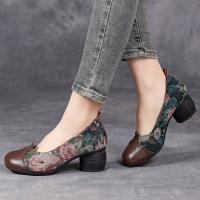 2188嫔妃丽人头层牛皮特色民族个性晕染花朵粗跟简单百搭小单鞋（大玫瑰单鞋）