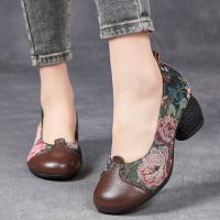 2188嫔妃丽人头层牛皮特色民族个性晕染花朵粗跟简单百搭小单鞋（大玫瑰单鞋）