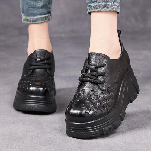 52696嫔妃丽人头层牛皮新中式复古风简约编织厚底小个子百搭舒适英伦风软皮软面女单鞋（穿线单鞋）