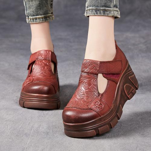 5092嫔妃丽人头层牛皮复古风简约英伦风女士厚底压花简约小个子增高女单鞋（叶梅单鞋）预售款