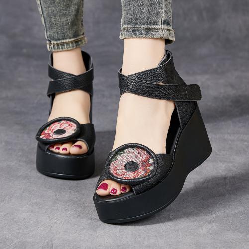 6018嫔妃丽人头层牛皮复古罗马风绑带舒适小个子增高8cm厚底民族风凉鞋（赵粉凉鞋）