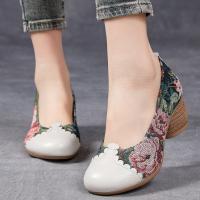 2188嫔妃丽人头层牛皮特色民族个性晕染花朵粗跟简单百搭小单鞋（大玫瑰单鞋）