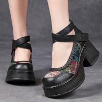 5289嫔妃丽人头层牛皮时尚复古新国风中式复古简约民族风粗跟舒适女单鞋（云杉单鞋）偏大半码