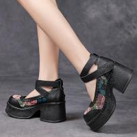 5289嫔妃丽人头层牛皮时尚复古新国风中式复古简约民族风粗跟舒适女单鞋（云杉单鞋）偏大半码