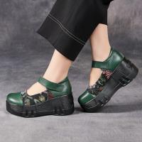 6388嫔妃丽人头层牛皮新中式国风复古简约绘画民族风坡跟厚底舒适女士单鞋（丁香单鞋）预售款