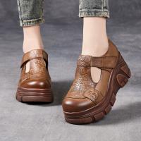5092嫔妃丽人头层牛皮复古风简约英伦风女士厚底压花简约小个子增高女单鞋（叶梅单鞋）预售款