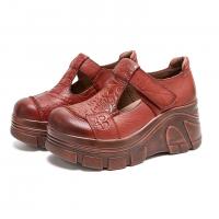 5092嫔妃丽人头层牛皮复古风简约英伦风女士厚底压花简约小个子增高女单鞋（叶梅单鞋）预售款