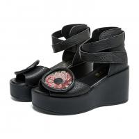 6018嫔妃丽人头层牛皮复古罗马风绑带舒适小个子增高8cm厚底民族风凉鞋（赵粉凉鞋）