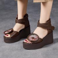 6018嫔妃丽人头层牛皮复古罗马风绑带舒适小个子增高8cm厚底民族风凉鞋（赵粉凉鞋）