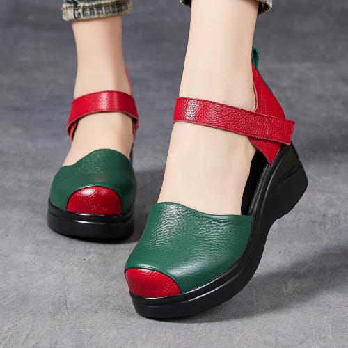 7058嫔妃丽人头层牛皮复古风多色拼接轻巧舒适坡跟民族风妈妈舒适包头凉鞋（拼色凉鞋）