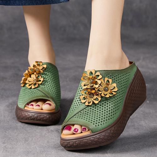 51866-2嫔妃丽人头层牛皮厚底学院风田园复古风舒适百搭特色花朵女士拖鞋（三文雏菊拖鞋 ）预售款