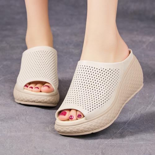 51866嫔妃丽人头层牛皮舒适厚底镂空坡跟简约时尚小个子增高女士凉拖鞋（小孔拖鞋）