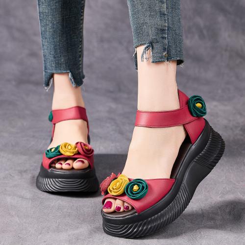 1158嫔妃丽人头层牛皮厚底田园风复古罗马风女士魔术贴鱼嘴厚底凉鞋（三朵凉鞋）