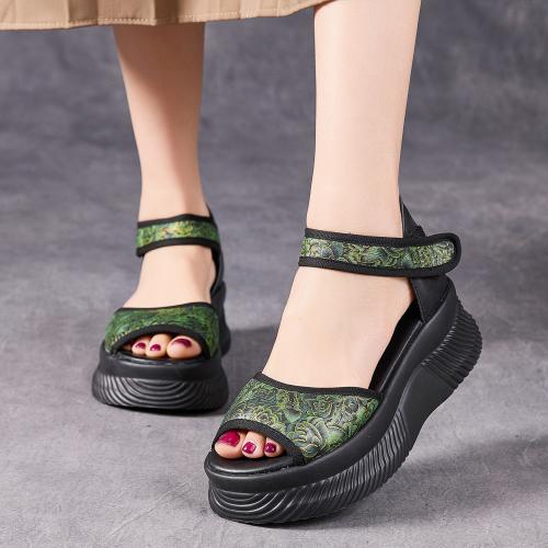 1158-1嫔妃丽人头层猪皮厚底舒适百搭复古波西米亚风格魔术贴露趾破格增高凉鞋（丽花凉鞋）