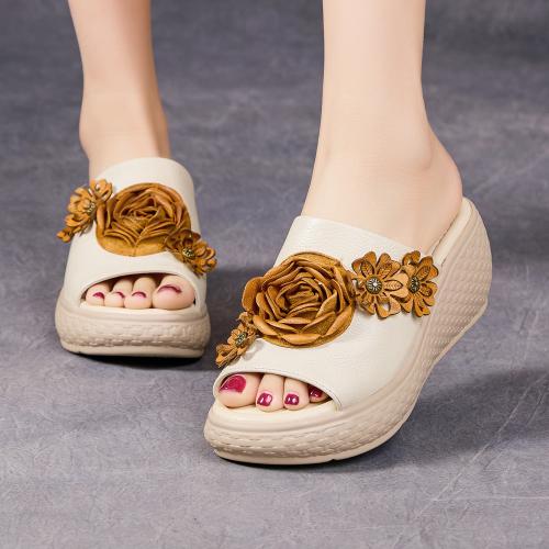 15866-1嫔妃丽人头层牛皮时尚厚底花朵复古简约风民族个性文艺增高露趾女士拖鞋（太妃玫瑰拖鞋）