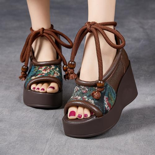 86016嫔妃丽人头层牛皮舒适新中式波西米亚复古风厚底舒适特色绑带鱼嘴凉鞋（蕴染凉鞋）