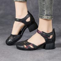 9189嫔妃丽人头层牛皮印花粗跟民族风古风舒适轻便镂空学院风女凉鞋（花心凉鞋）