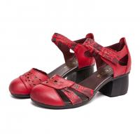 9189嫔妃丽人头层牛皮印花粗跟民族风古风舒适轻便镂空学院风女凉鞋（花心凉鞋）