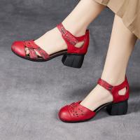 9189嫔妃丽人头层牛皮印花粗跟民族风古风舒适轻便镂空学院风女凉鞋（花心凉鞋）