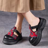 9238嫔妃丽人头层牛皮包头个性复古民族风舒适轻便花朵厚底学院风女拖鞋（紫玫瑰拖鞋）预售款