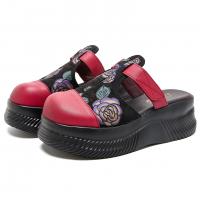 9238嫔妃丽人头层牛皮包头个性复古民族风舒适轻便花朵厚底学院风女拖鞋（紫玫瑰拖鞋）预售款