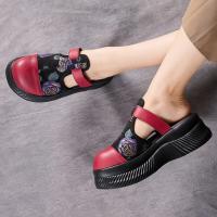 9238嫔妃丽人头层牛皮包头个性复古民族风舒适轻便花朵厚底学院风女拖鞋（紫玫瑰拖鞋）预售款