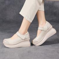 2516嫔妃丽人头层牛皮厚底坡跟简约舒适百搭复古民族风增高学院风单鞋（平编单鞋）