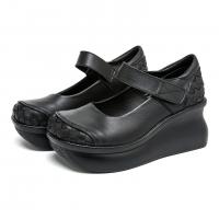 2516嫔妃丽人头层牛皮厚底坡跟简约舒适百搭复古民族风增高学院风单鞋（平编单鞋）