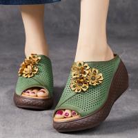 51866-2嫔妃丽人头层牛皮厚底学院风田园复古风舒适百搭特色花朵女士拖鞋（三文雏菊拖鞋 ）预售款
