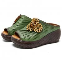 51866-2嫔妃丽人头层牛皮厚底学院风田园复古风舒适百搭特色花朵女士拖鞋（三文雏菊拖鞋 ）预售款