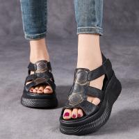 1152嫔妃丽人头层牛皮民族风鱼嘴女复古风坡跟厚底镂空增高舒适休闲凉鞋（印花小星升级版）