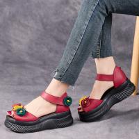 1158嫔妃丽人头层牛皮厚底田园风复古罗马风女士魔术贴鱼嘴厚底凉鞋（三朵凉鞋）