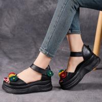 1158嫔妃丽人头层牛皮厚底田园风复古罗马风女士魔术贴鱼嘴厚底凉鞋（三朵凉鞋）