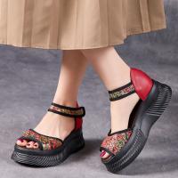 1158-1嫔妃丽人头层猪皮厚底舒适百搭复古波西米亚风格魔术贴露趾破格增高凉鞋（丽花凉鞋）