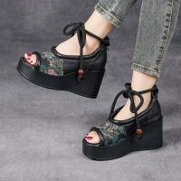 86016嫔妃丽人头层牛皮舒适新中式波西米亚复古风厚底舒适特色绑带鱼嘴凉鞋（蕴染凉鞋）