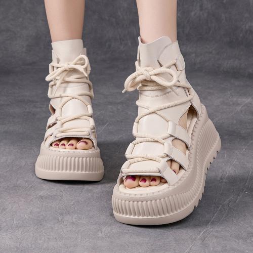 26118嫔妃丽人头层牛皮 复古厚底镂空夏季超高跟小个子休闲舒适百搭（绕型凉靴）