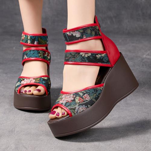 6019嫔妃丽人复古民族风绣花头层牛皮拼接罗马风厚底舒适百搭厚底小个子增高女凉鞋（樱花凉鞋）