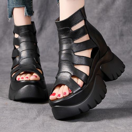 8867嫔妃丽人头层牛皮复古罗马风 英伦风内增高3cm增高小个子休闲女士凉鞋（长垣凉鞋）