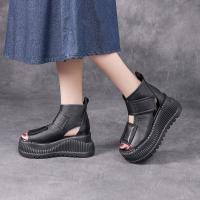 26116嫔妃丽人头层牛皮魔术贴舒适复古增高厚底露趾镂空欧美风休闲凉鞋（枕心凉鞋）