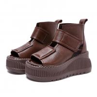 26116嫔妃丽人头层牛皮魔术贴舒适复古增高厚底露趾镂空欧美风休闲凉鞋（枕心凉鞋）